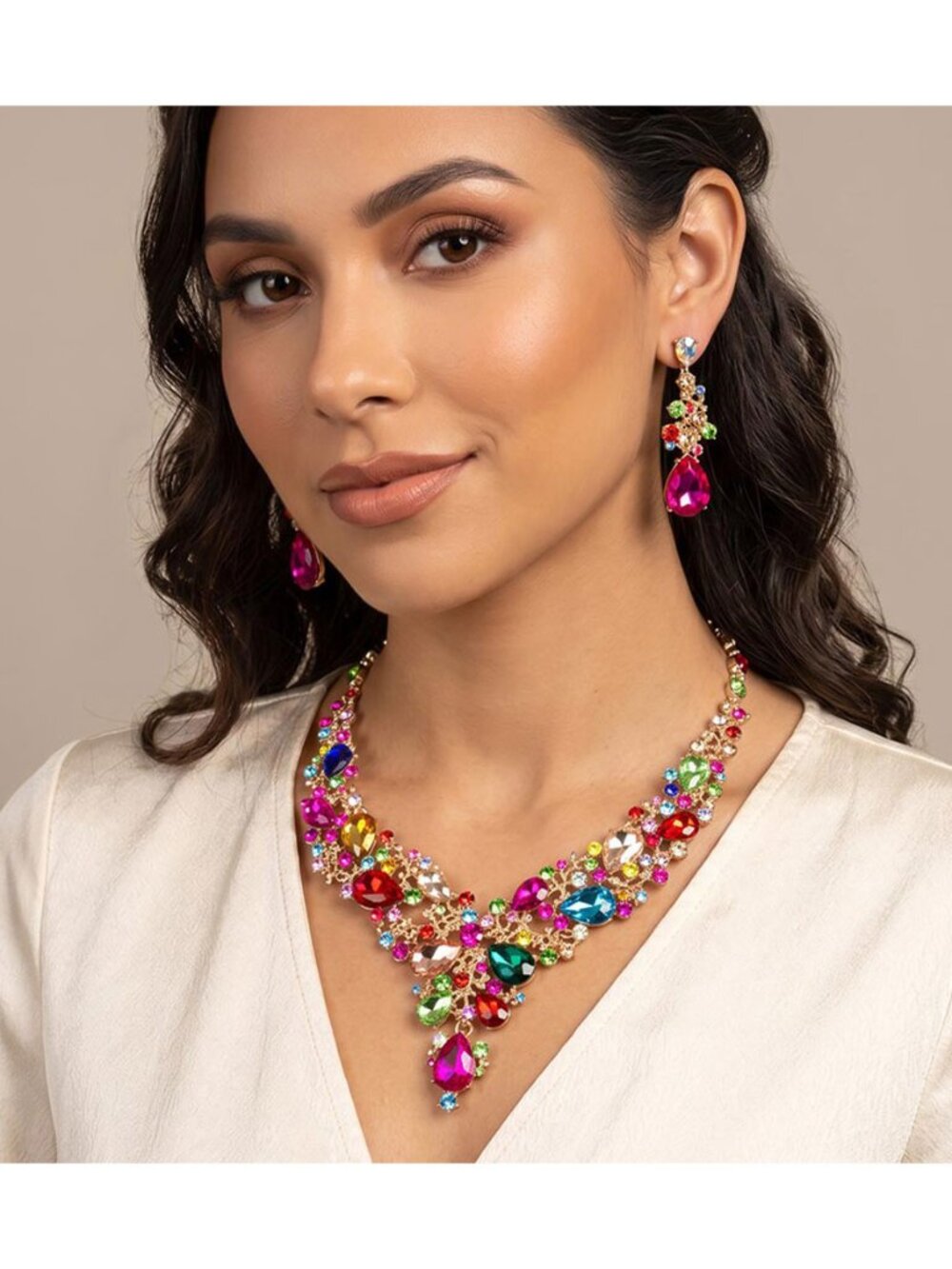 Tigerstars Multi Color Round Teardrop Stone Accented Evening Necklace